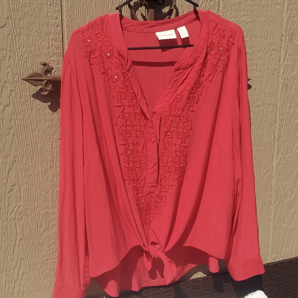 Chico's top red sz 2 (lg/12) roll tab tie front silver studs embroidery